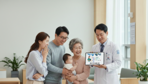 깨끗한 병원 대기실에서 의사가 건강검진 안내가 적힌 태블릿을 가족들에게 보여주며 상담하는 모습