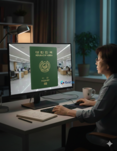 집에서 온라인으로 여권 재발급 신청을 하는 50대 여성의 모습과 초록색 대한민국 여권 이미지